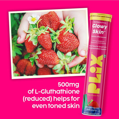 PLIX Glowy Skin 500mg Glutathione Supplement with Hyaluronic Acid, Vitamin C, E & Berries | 30 Effervescent Tablets, Strawberry Flavor