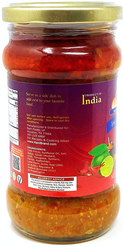 Rani Lime Pickle Hot (Achar, Spicy Indian Relish) 10.5oz (300g) Glass Jar ~ Vegan | Gluten Free | NON-GMO | No Colors | Popular Indian Condiment, Indian Origin