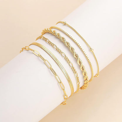 VAMA FASHIONS Anti-Tarnish 18K Gold Plated Bracelet Set Rope Figaro Paperclip Snake Herringbone & Beads Chain Hand Jewelry for Women – Set of 6