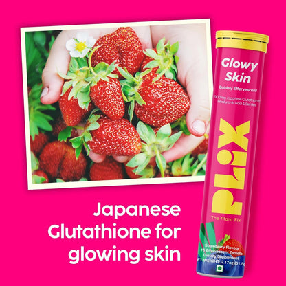 PLIX Glowy Skin 500mg Glutathione Supplement with Hyaluronic Acid, Vitamin C, E & Berries | 30 Effervescent Tablets, Strawberry Flavor