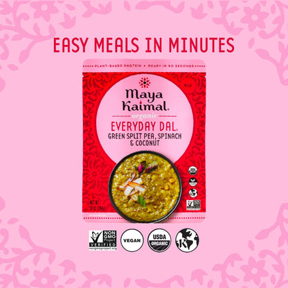 Maya Kaimal Foods - Organic Indian Everyday Dal - 6 pack variety of 10oz Ready to Eat Meals - Fully Cooked - Vegan - Kosher - Microwavable - made from Lentils, Beans, Squash, Coconut, Peas
