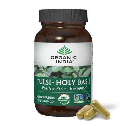 Organic India Tulsi Holy Basil Capsules - Holy Basil Extract - Holy Basil Leaf Supplement, Herbal Supplement, Immune Support, Stress Relief, Vegan, Gluten-Free, Kosher, Organic, Non-GMO - 180 Capsules