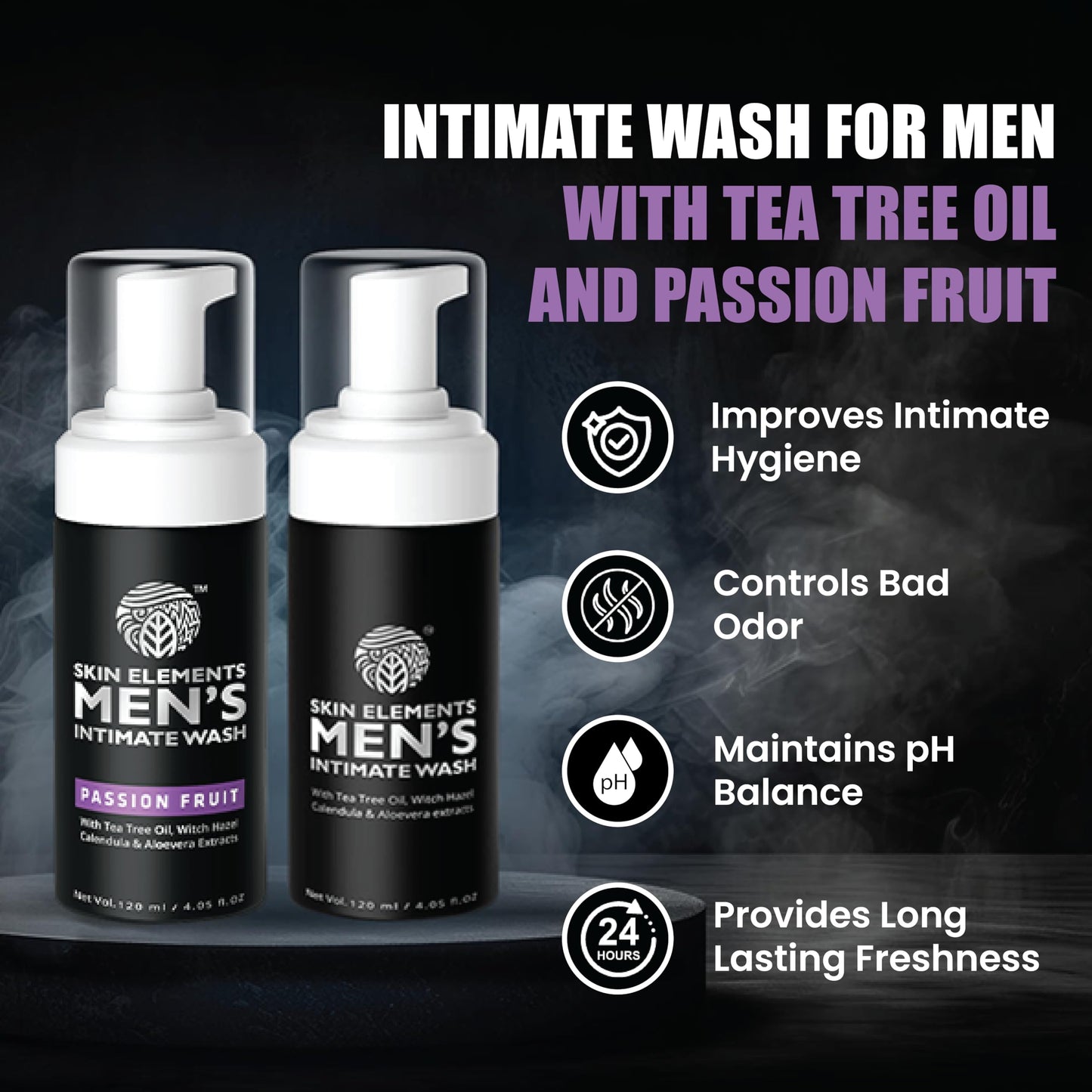 Skin Elements Intimate Wash for Men with Passion Fruit (4.05 Fl Oz) | pH Balanced Foaming Intimate Wash | Prevents Itching, Irritation & Bad Odor |