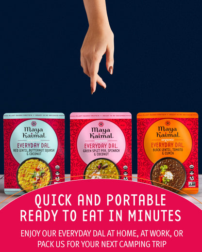 Maya Kaimal Foods - Organic Indian Everyday Dal - 6 pack variety of 10oz Ready to Eat Meals - Fully Cooked - Vegan - Kosher - Microwavable - made from Lentils, Beans, Squash, Coconut, Peas