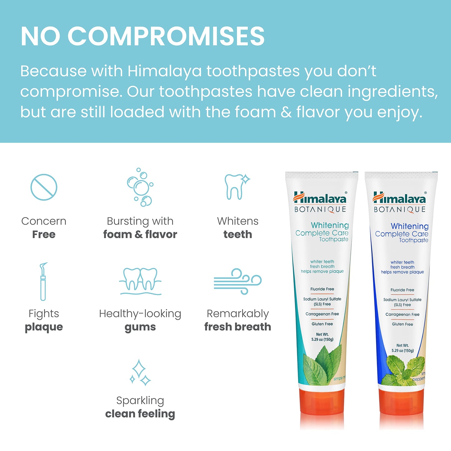 Himalaya Botanique Whitening Complete Care Toothpaste, Teeth Whitening, Fights Plaque, Fluoride Free, No Artificial Flavors, SLS Free, Cruelty Free, Foaming, Simply Mint Flavor, 5.29 Oz, 2 Pack