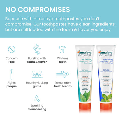 Himalaya Botanique Whitening Complete Care Toothpaste, Teeth Whitening, Fights Plaque, Fluoride Free, No Artificial Flavors, SLS Free, Cruelty Free, Foaming, Simply Mint Flavor, 5.29 Oz, 2 Pack