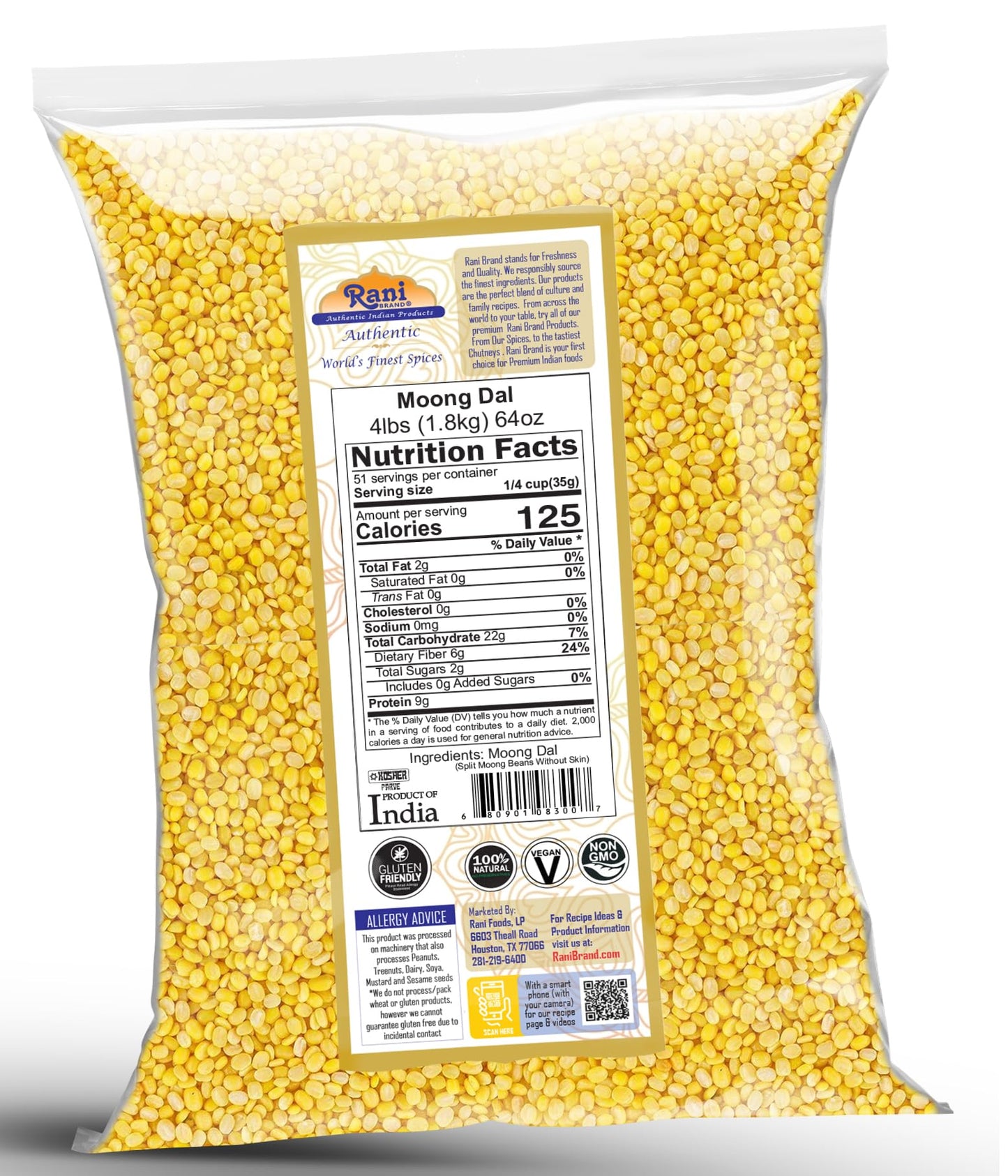 Rani Moong Whole (Ideal for cooking & sprouting, Whole Mung Beans with skin) Lentils Indian 64oz (4lbs) 1.81kg Bulk ~ All Natural | Gluten Friendly | Non-GMO | Kosher | Vegan | Indian Origin