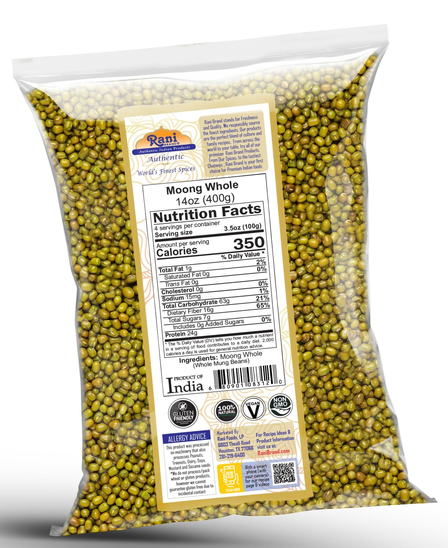 Rani Moong Whole (Ideal for cooking & sprouting, Whole Mung Beans with skin) Lentils Indian 64oz (4lbs) 1.81kg Bulk ~ All Natural | Gluten Friendly | Non-GMO | Kosher | Vegan | Indian Origin
