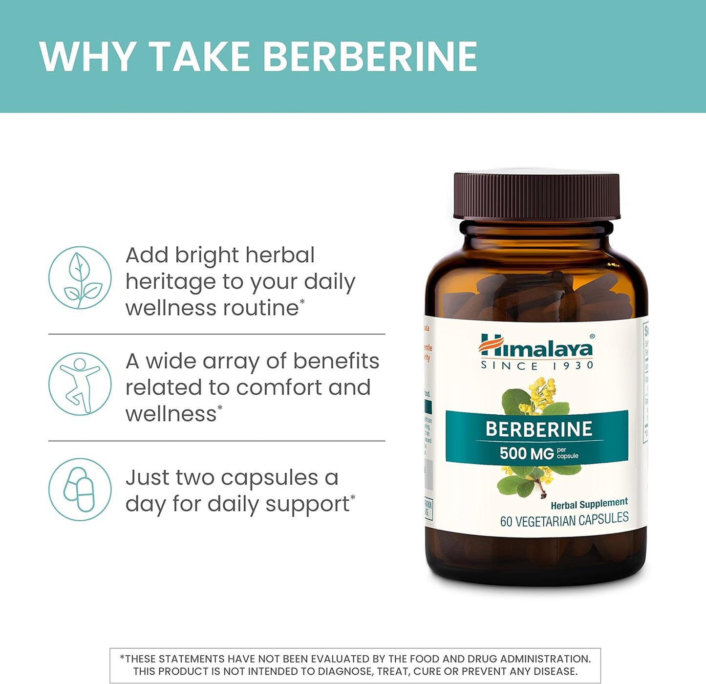 Himalaya Berberine for Balanced Support, Digestion & Immune System Support, 500 mg, 60 Vegetarian Capsules, 1 Month Supply
