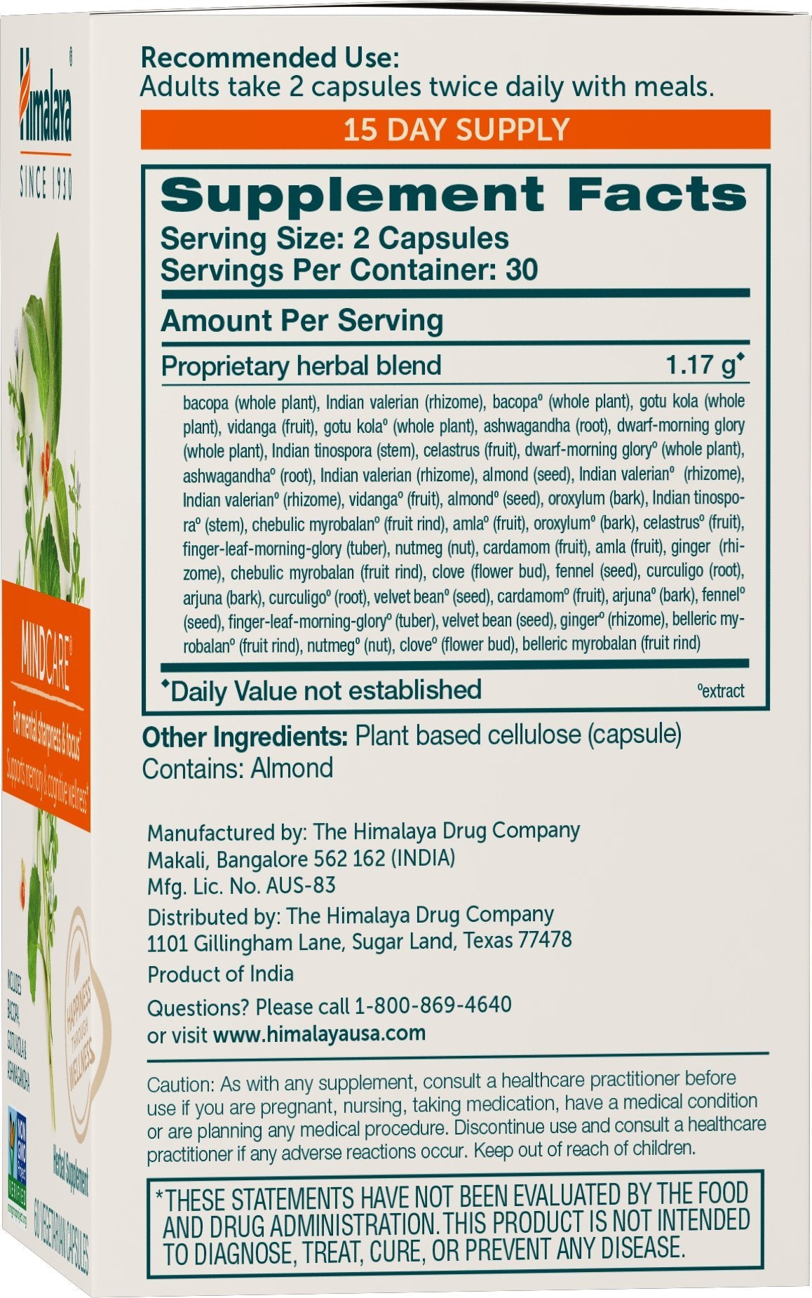 Himalaya MindCare, Nootropic Brain Supplement Booster for Mental Sharpness, Focus, Memory, and Cognitive Wellness, 1170 mg, 120 Capsules, 1 Month Supply