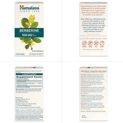 Himalaya Berberine for Balanced Support, Digestion & Immune System Support, 500 mg, 60 Vegetarian Capsules, 1 Month Supply