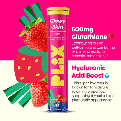 PLIX Glowy Skin 500mg Glutathione Supplement with Hyaluronic Acid, Vitamin C, E & Berries | 30 Effervescent Tablets, Strawberry Flavor