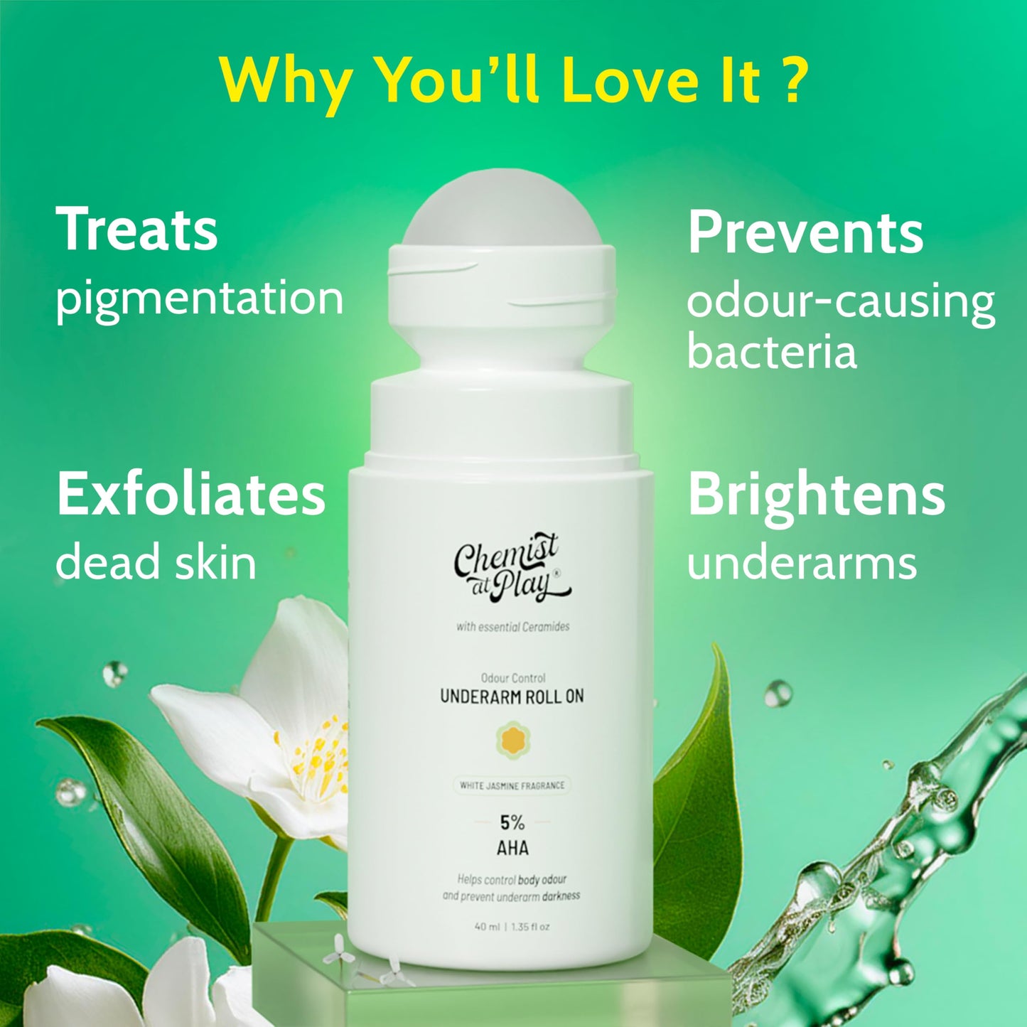 UnderArm Roll-On with 5% Lactic Acid 1% Mandelic Acid | Prevents Odour Brightens Skin & Exfoliates Underarm | Long Lasting Aqua Fragrance | Alcohol & Aluminium Free (1.3 Ounce)
