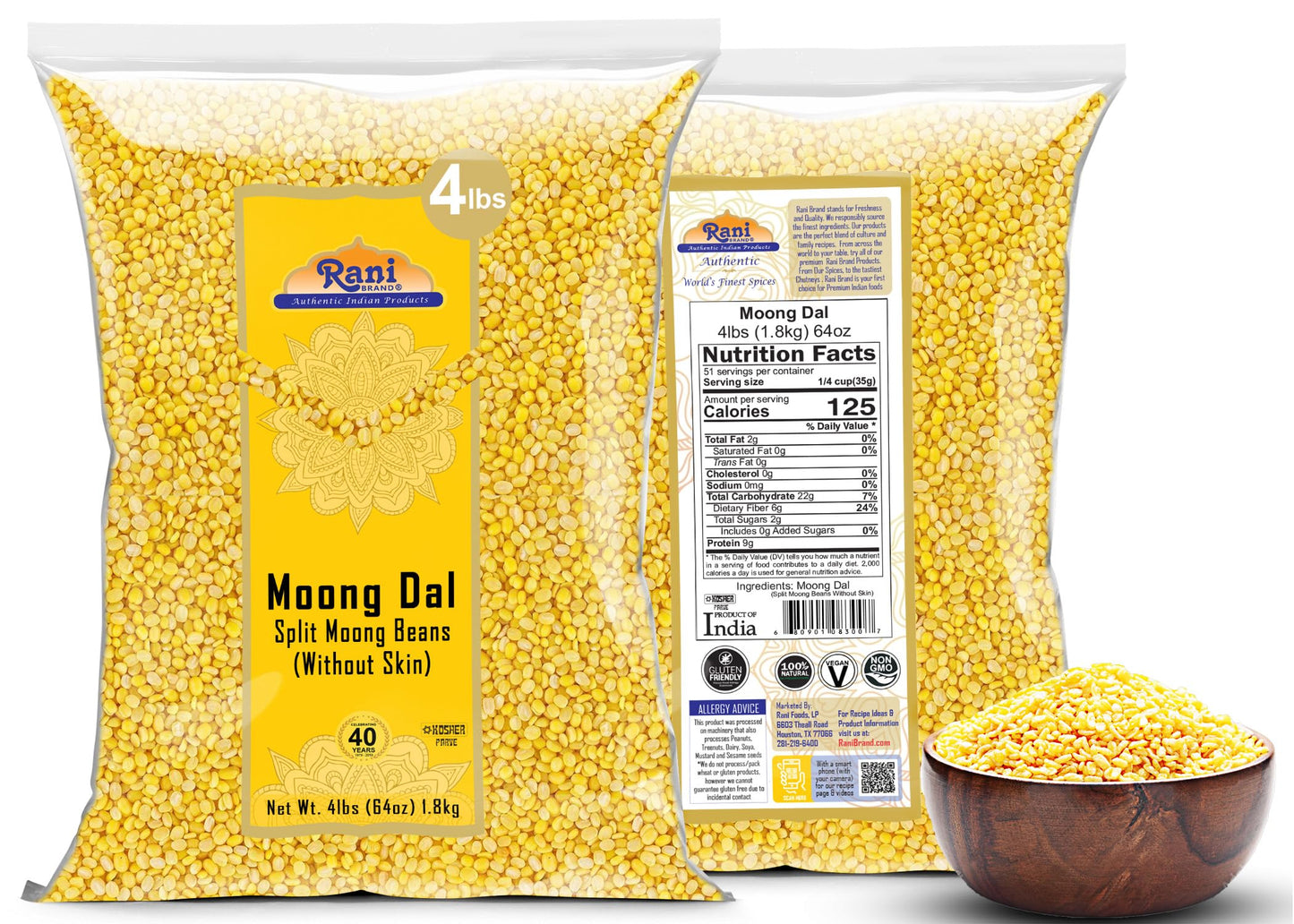 Rani Moong Whole (Ideal for cooking & sprouting, Whole Mung Beans with skin) Lentils Indian 64oz (4lbs) 1.81kg Bulk ~ All Natural | Gluten Friendly | Non-GMO | Kosher | Vegan | Indian Origin