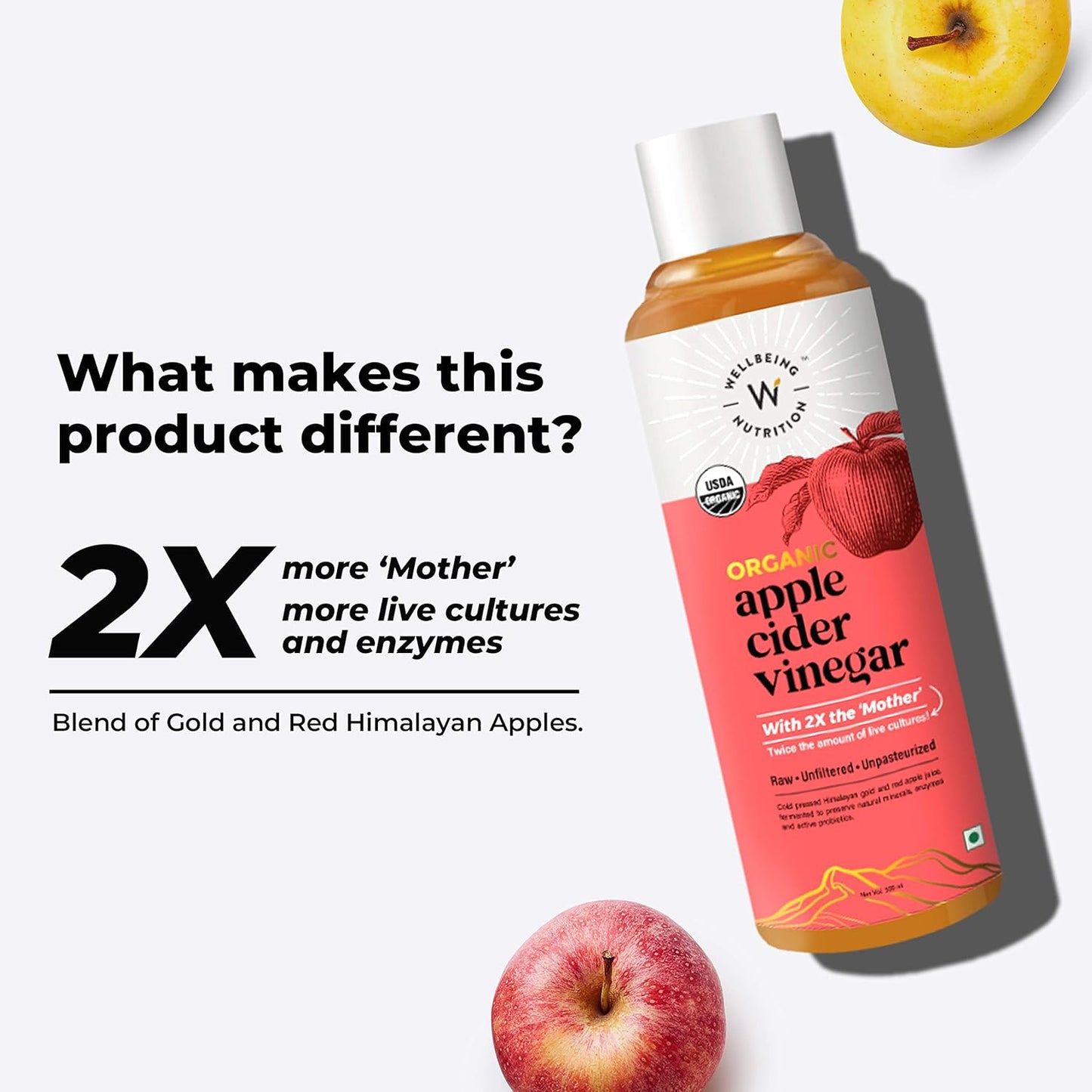 Wellbeing Nutrition Organic Apple Cider Vinegar - Raw, Unfiltered, Unpasteurized - 500ml