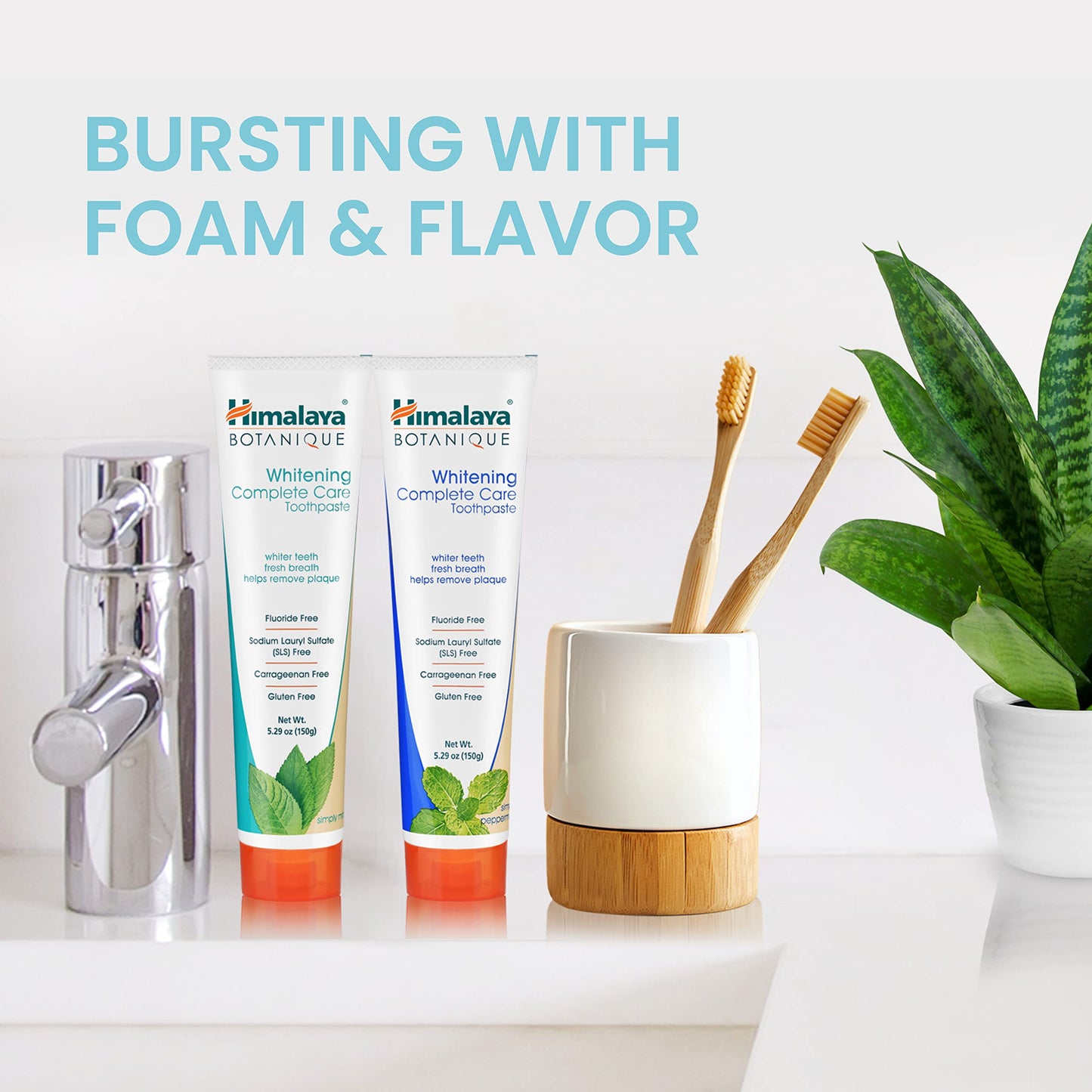 Himalaya Botanique Whitening Complete Care Toothpaste, Teeth Whitening, Fights Plaque, Fluoride Free, No Artificial Flavors, SLS Free, Cruelty Free, Foaming, Simply Mint Flavor, 5.29 Oz, 2 Pack