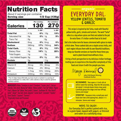 Maya Kaimal Foods - Organic Indian Everyday Dal - 6 pack variety of 10oz Ready to Eat Meals - Fully Cooked - Vegan - Kosher - Microwavable - made from Lentils, Beans, Squash, Coconut, Peas