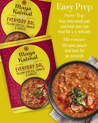 Maya Kaimal Foods - Organic Indian Everyday Dal - 6 pack variety of 10oz Ready to Eat Meals - Fully Cooked - Vegan - Kosher - Microwavable - made from Lentils, Beans, Squash, Coconut, Peas