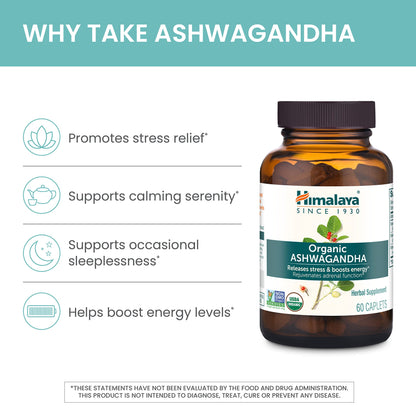 Himalaya Organic Ashwagandha, 60 Day Supply, Herbal Supplement for Stress Relief, Energy, Occasional Sleeplessness, Additive Free, Organic, Non-GMO, Vegan, Gluten Free, 670 mg, 60 Caplets