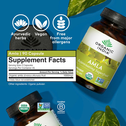 ORGANIC INDIA Amla Capsules Organic - Indian Gooseberry Herbal Vitamin Supplement, Amla Supplement, Immune Support, Vegan, Gluten-Free, Ayurvedic, Antioxidant, Non-GMO - 90 Capsules