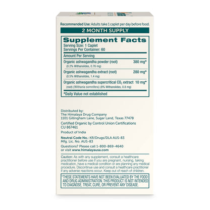 Himalaya Organic Ashwagandha, 60 Day Supply, Herbal Supplement for Stress Relief, Energy, Occasional Sleeplessness, Additive Free, Organic, Non-GMO, Vegan, Gluten Free, 670 mg, 60 Caplets