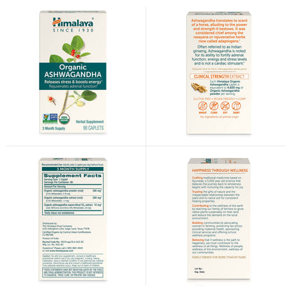 Himalaya Organic Ashwagandha, 60 Day Supply, Herbal Supplement for Stress Relief, Energy, Occasional Sleeplessness, Additive Free, Organic, Non-GMO, Vegan, Gluten Free, 670 mg, 60 Caplets