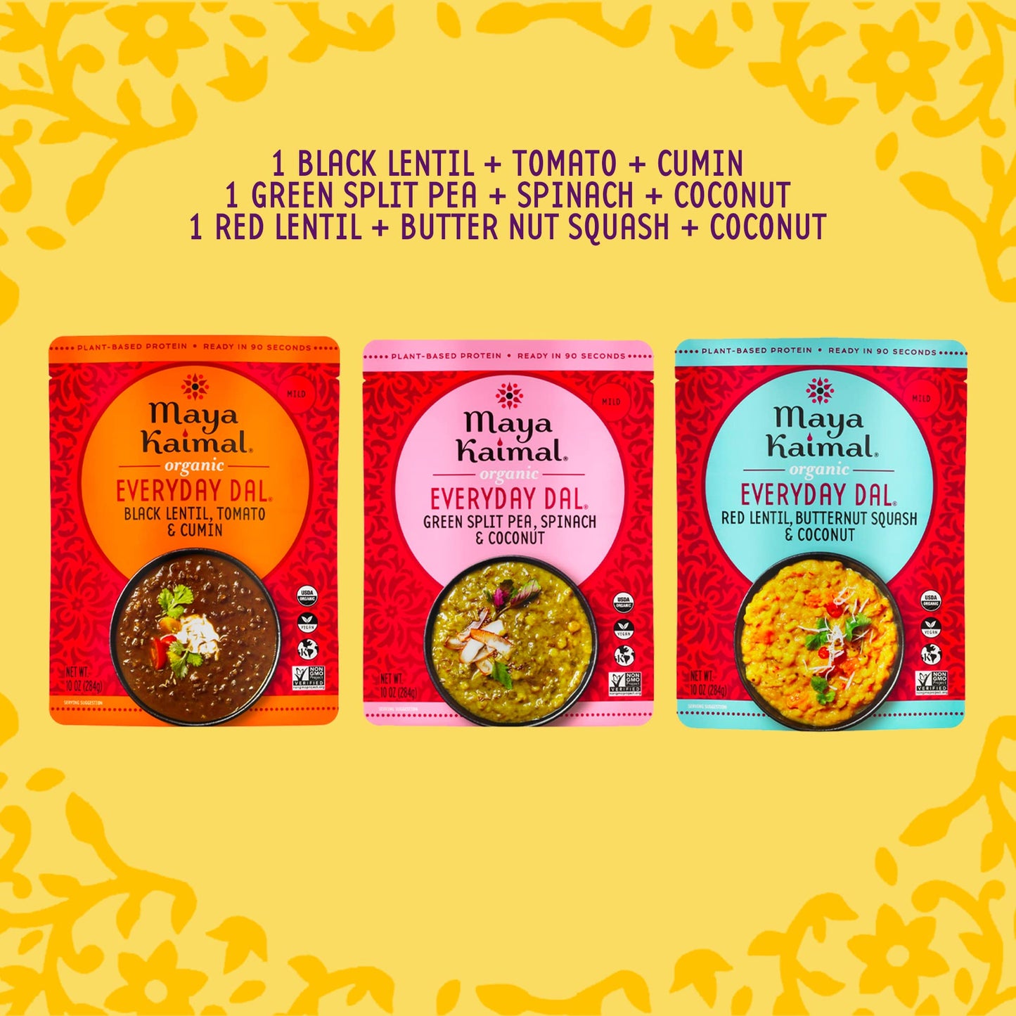 Maya Kaimal Foods - Organic Indian Everyday Dal - 6 pack variety of 10oz Ready to Eat Meals - Fully Cooked - Vegan - Kosher - Microwavable - made from Lentils, Beans, Squash, Coconut, Peas