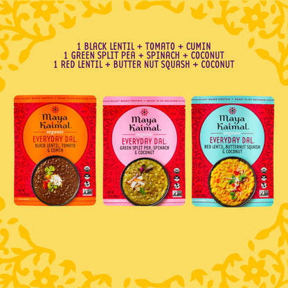 Maya Kaimal Foods - Organic Indian Everyday Dal - 6 pack variety of 10oz Ready to Eat Meals - Fully Cooked - Vegan - Kosher - Microwavable - made from Lentils, Beans, Squash, Coconut, Peas