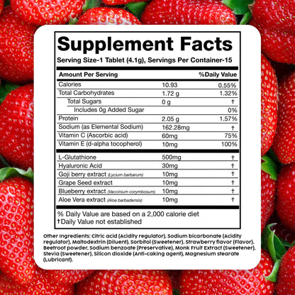 PLIX Glowy Skin 500mg Glutathione Supplement with Hyaluronic Acid, Vitamin C, E & Berries | 30 Effervescent Tablets, Strawberry Flavor