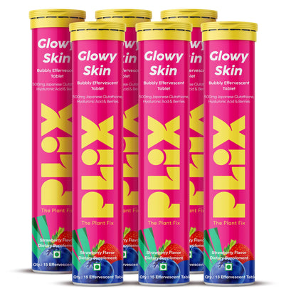 PLIX Glowy Skin 500mg Glutathione Supplement with Hyaluronic Acid, Vitamin C, E & Berries | 30 Effervescent Tablets, Strawberry Flavor