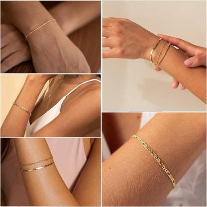 VAMA FASHIONS Anti-Tarnish 18K Gold Plated Bracelet Set Rope Figaro Paperclip Snake Herringbone & Beads Chain Hand Jewelry for Women – Set of 6