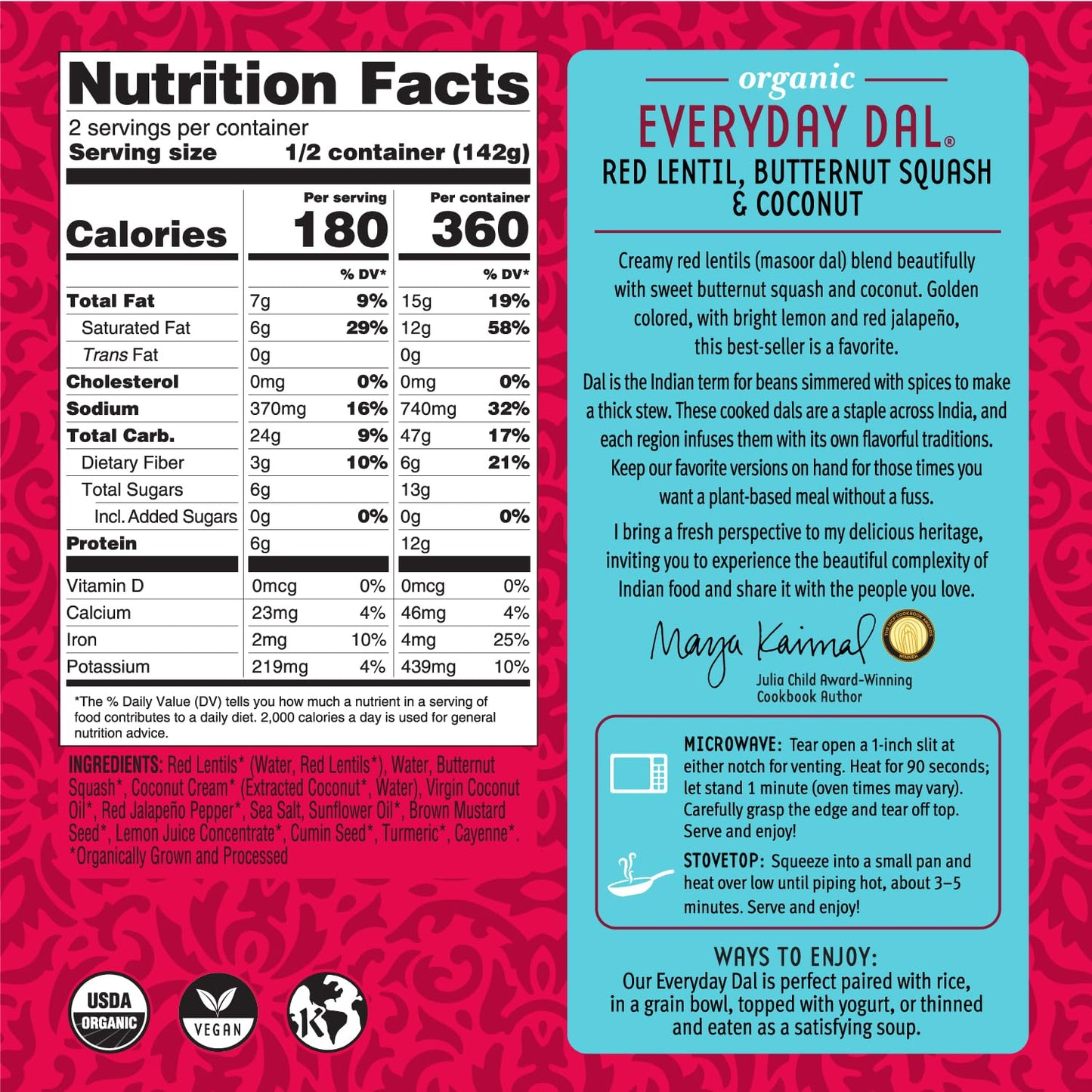 MAYA KAIMAL Organic, Everyday Dal, Red Lentil, Butternut Squash & Coconut, 10 OZ
