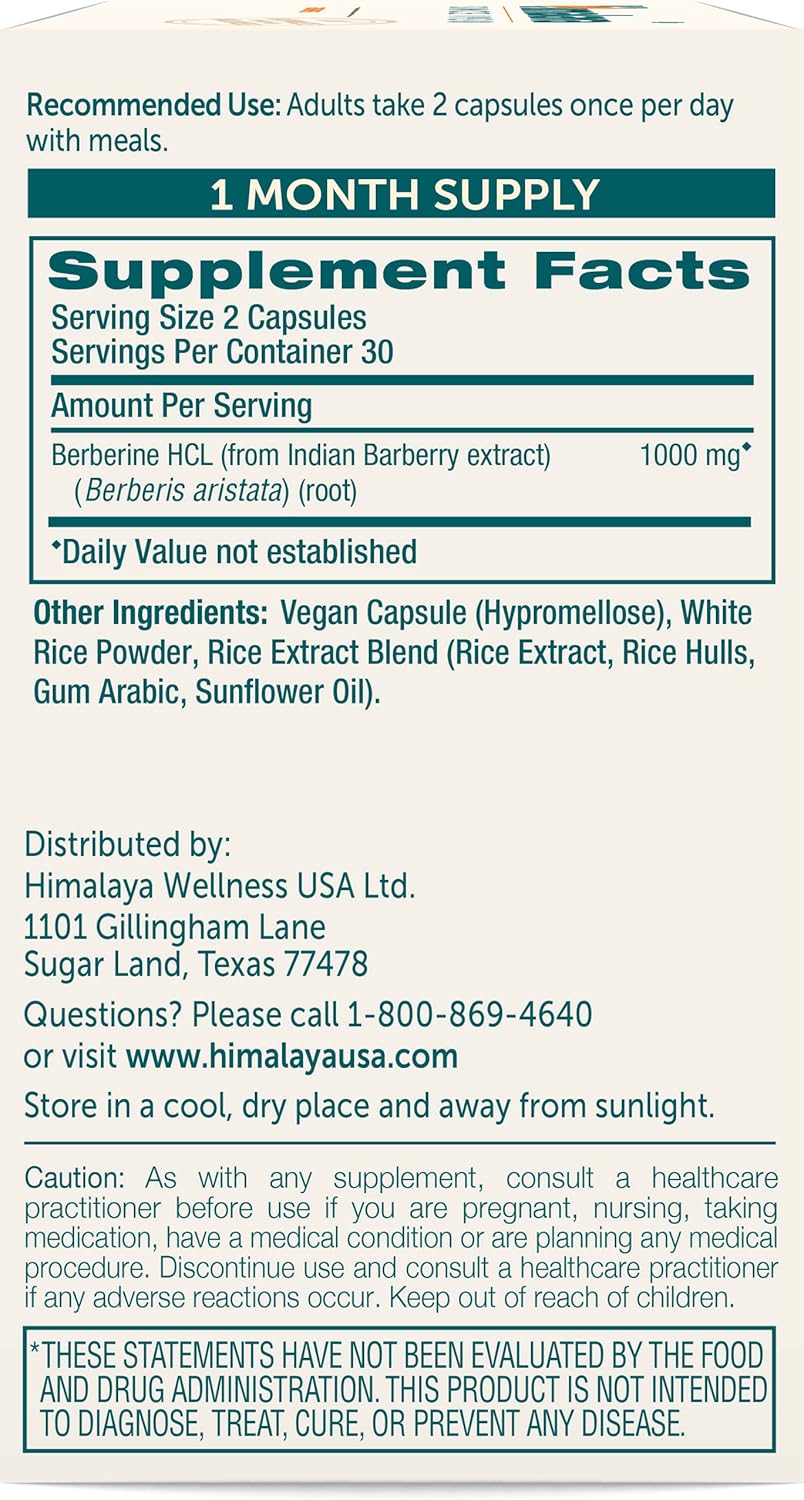 Himalaya Berberine for Balanced Support, Digestion & Immune System Support, 500 mg, 60 Vegetarian Capsules, 1 Month Supply