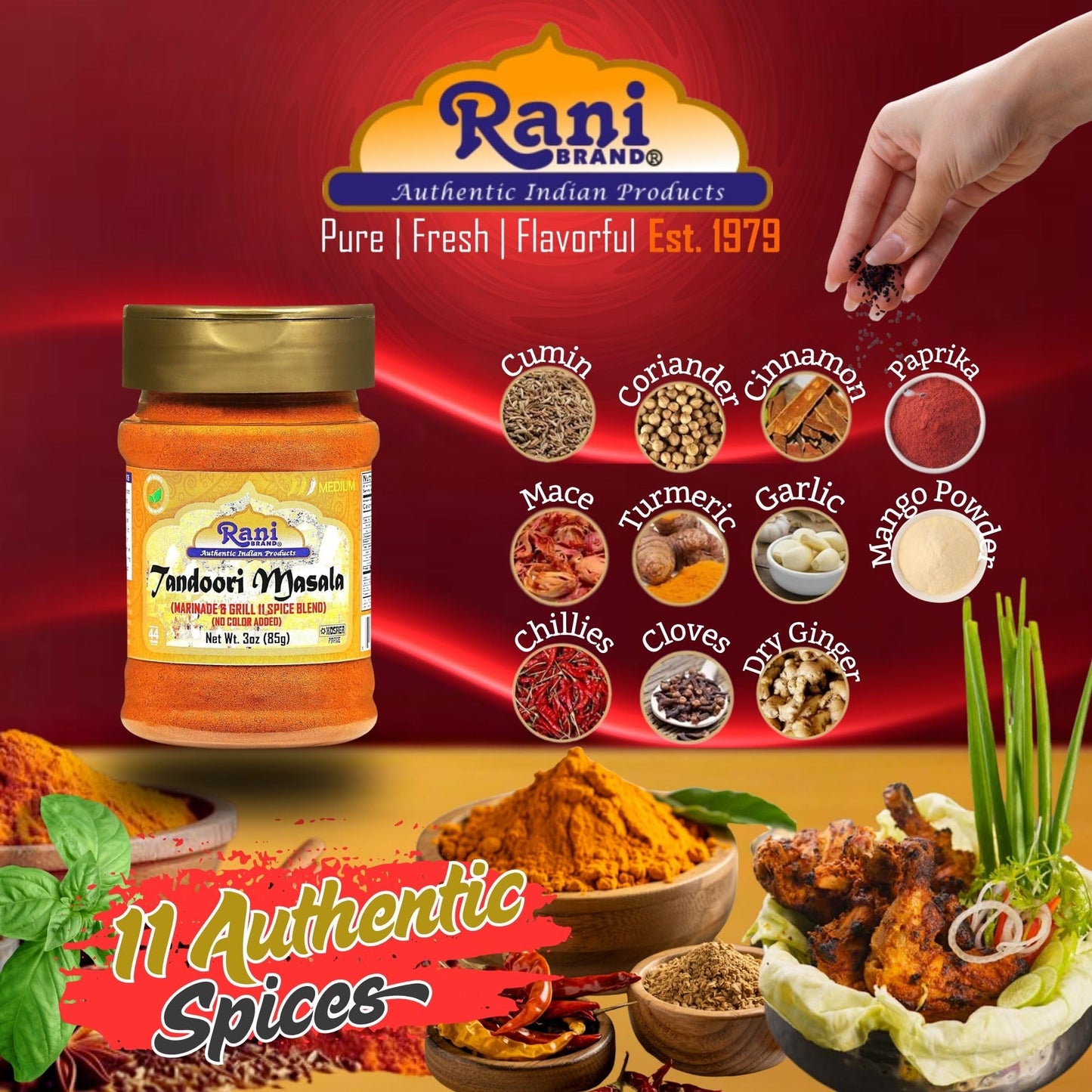 Rani Tandoori Masala (Natural, No Colors Added) Indian 11-Spice Blend 3oz (85g) PET Jar ~ Salt Free | Vegan | Gluten Friendly | NON-GMO | Kosher | Indian Origin