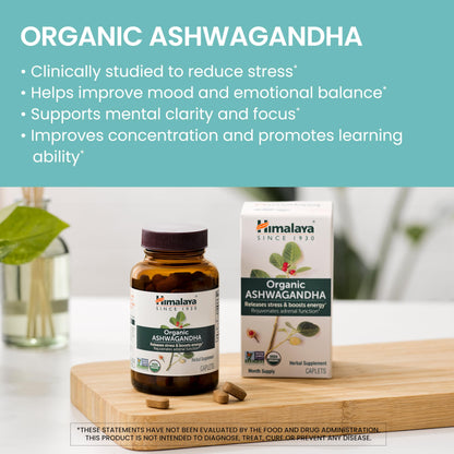 Himalaya Organic Ashwagandha, 60 Day Supply, Herbal Supplement for Stress Relief, Energy, Occasional Sleeplessness, Additive Free, Organic, Non-GMO, Vegan, Gluten Free, 670 mg, 60 Caplets
