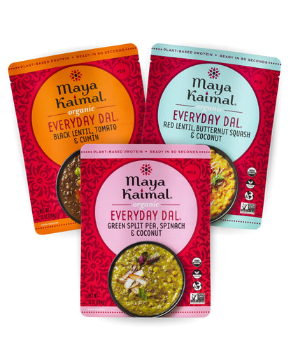 Maya Kaimal Foods - Organic Indian Everyday Dal - 6 pack variety of 10oz Ready to Eat Meals - Fully Cooked - Vegan - Kosher - Microwavable - made from Lentils, Beans, Squash, Coconut, Peas