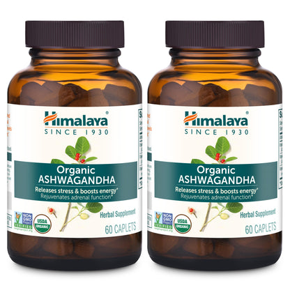Himalaya Organic Ashwagandha, 60 Day Supply, Herbal Supplement for Stress Relief, Energy, Occasional Sleeplessness, Additive Free, Organic, Non-GMO, Vegan, Gluten Free, 670 mg, 60 Caplets
