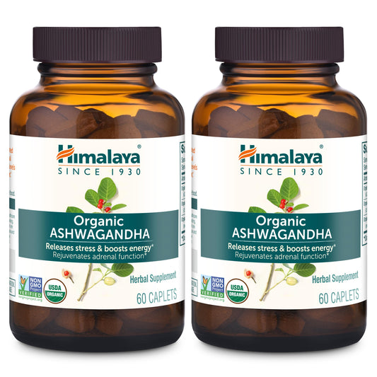 Himalaya Organic Ashwagandha, 60 Day Supply, Herbal Supplement for Stress Relief, Energy, Occasional Sleeplessness, Additive Free, Organic, Non-GMO, Vegan, Gluten Free, 670 mg, 60 Caplets