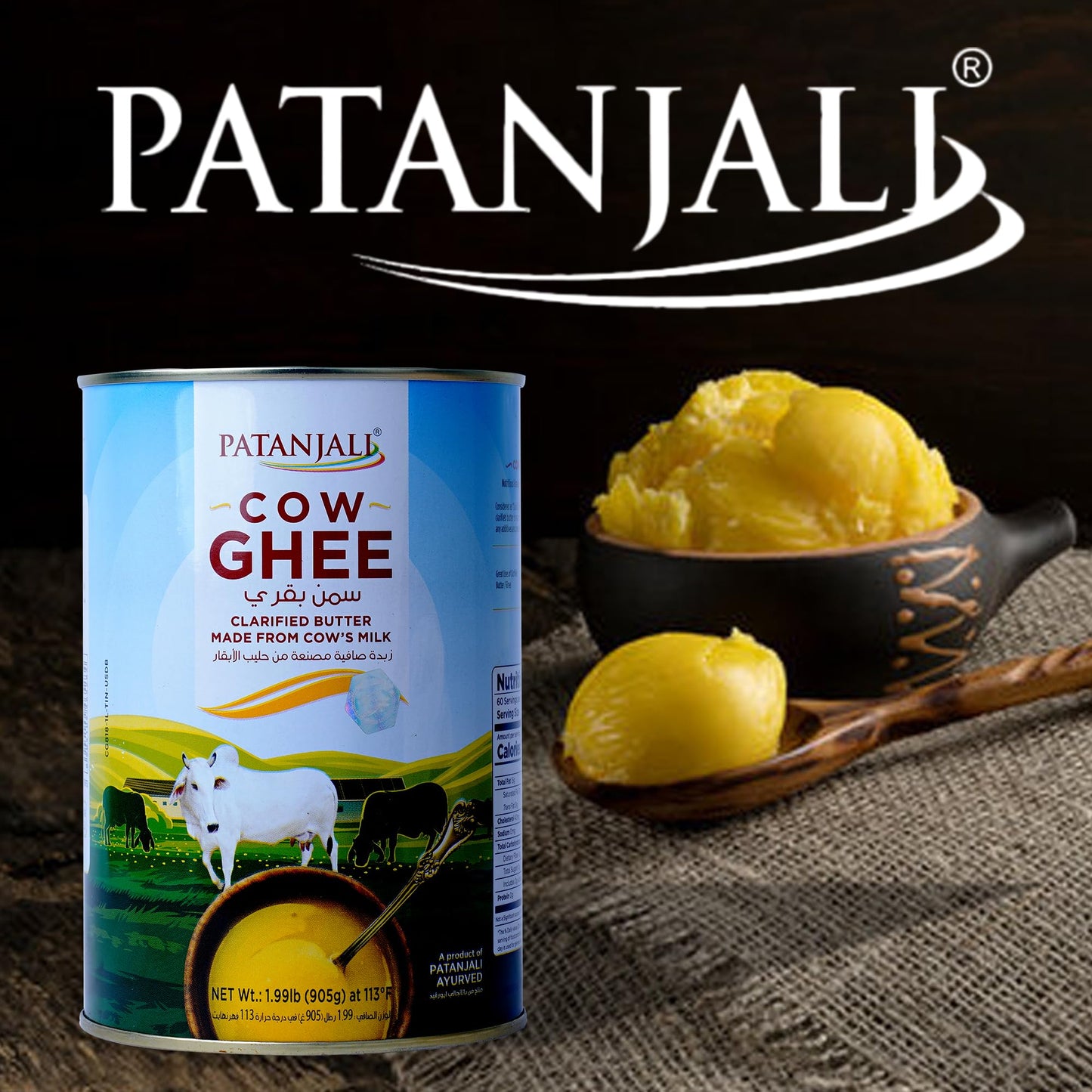 Patanjali Grass Fed Cow Ghee 1Lt- Energy Infused, Low in Lactose, Low in Casein, Non-GMO, Vegetarian, Gluten free, Keto and Paleo friendly.