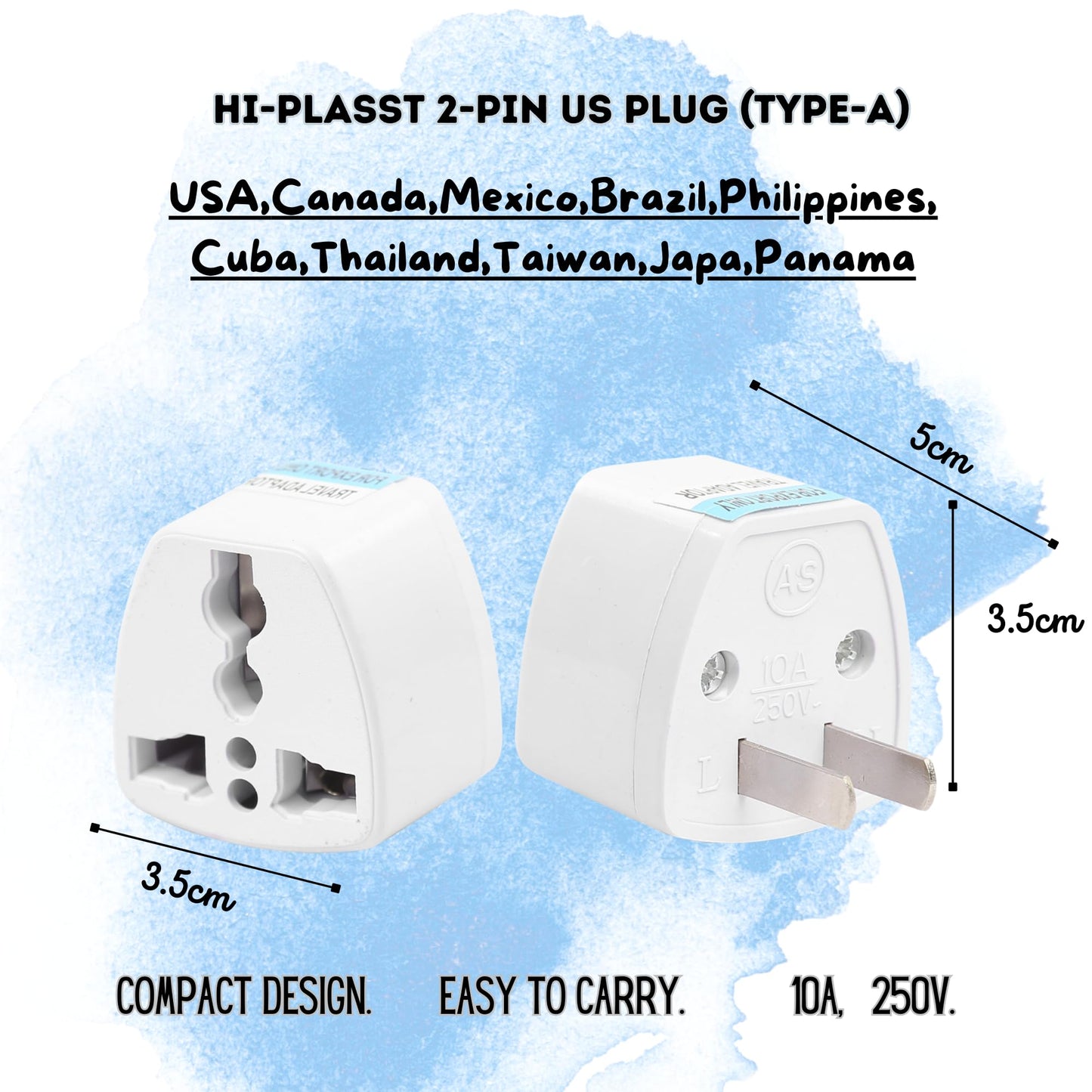 Hi-PLASST (3pcs) Type-A US Converter Plug // India to USA Universal Travel Adapter for USA, Canada, Mexico, Brazil, Philippines, Cuba, Thailand, Taiwan, Japan, Panama, etc