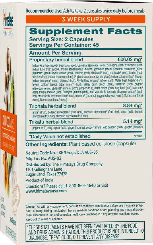 Himalaya GlucoCare, 45 Day Supply - Herbal Glucose Metabolism and Pancreatic Support with Triphala, Turmeric, Bitter Melon, and Gymnema - Vegan, Non-GMO, Gluten Free, 90 Capsules