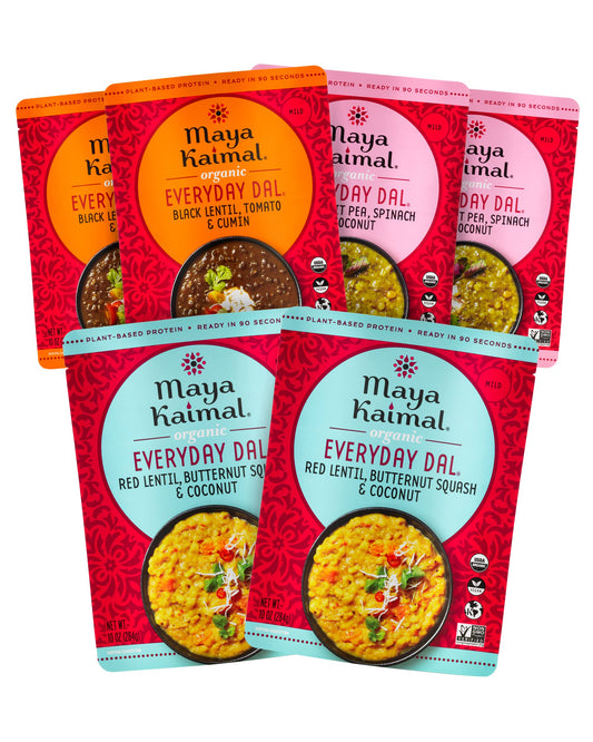 Maya Kaimal Foods - Organic Indian Everyday Dal - 6 pack variety of 10oz Ready to Eat Meals - Fully Cooked - Vegan - Kosher - Microwavable - made from Lentils, Beans, Squash, Coconut, Peas