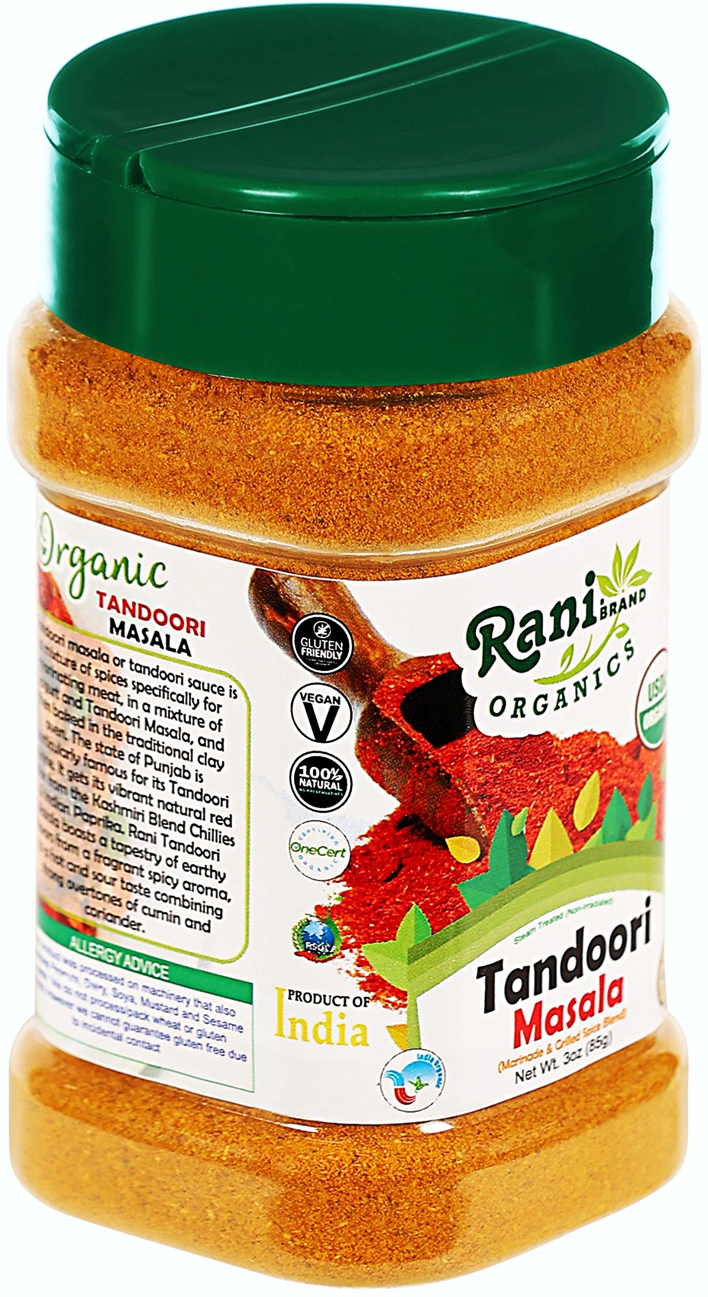Rani Tandoori Masala (Natural, No Colors Added) Indian 11-Spice Blend 3oz (85g) PET Jar ~ Salt Free | Vegan | Gluten Friendly | NON-GMO | Kosher | Indian Origin