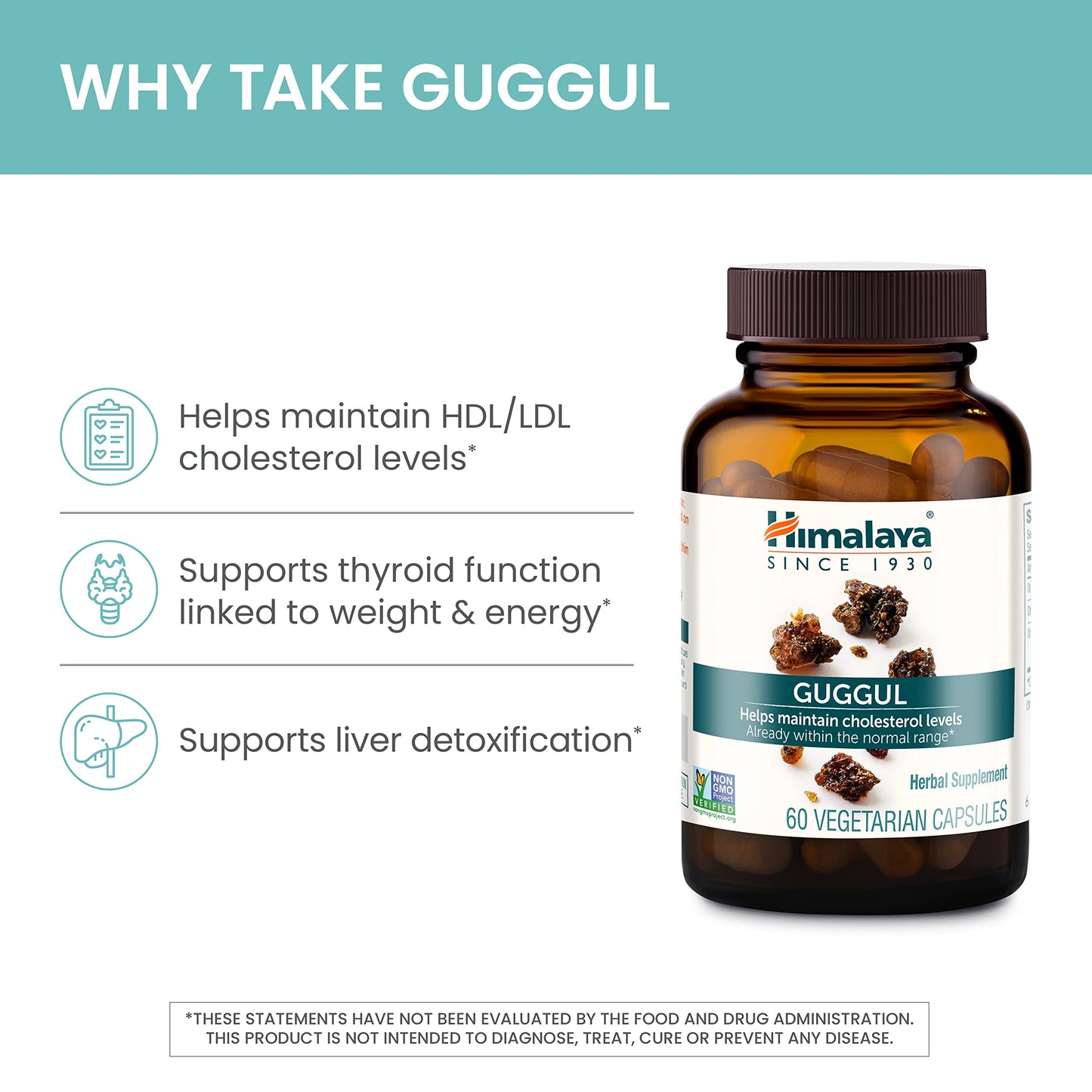 Himalaya Guggul Herbal Supplement, HDL & LDL Support, Liver Health, Liver Cleansing, Triglyceride Support, Bile Production, 720 mg, Non-GMO, Vegetarian, 60 Capsules, 1 Pack