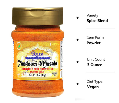 Rani Tandoori Masala (Natural, No Colors Added) Indian 11-Spice Blend 3oz (85g) PET Jar ~ Salt Free | Vegan | Gluten Friendly | NON-GMO | Kosher | Indian Origin