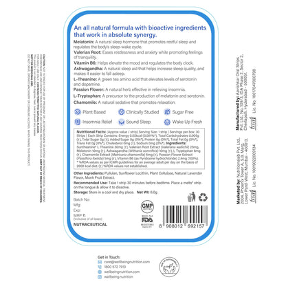 Wellbeing Nutrition Melts Restful Sleep Aid | Plant-Based Melatonin 10mg for Better Sleep with Chamomile, Tagara, L-Theanine | Non-Addictive Sleep-Aid, Safe, Natural, 30 Oral Strips