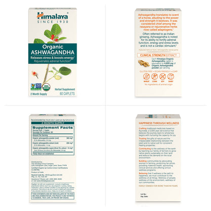 Himalaya Organic Ashwagandha, 60 Day Supply, Herbal Supplement for Stress Relief, Energy, Occasional Sleeplessness, Additive Free, Organic, Non-GMO, Vegan, Gluten Free, 670 mg, 60 Caplets