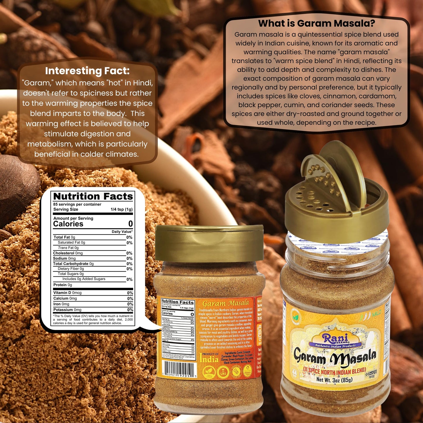 Rani Garam Masala Indian 11-Spice Blend 3oz (85g) PET Jar ~ All Natural, Salt-Free | Vegan | No Colors | Gluten Friendly | NON-GMO | Kosher | Indian Origin