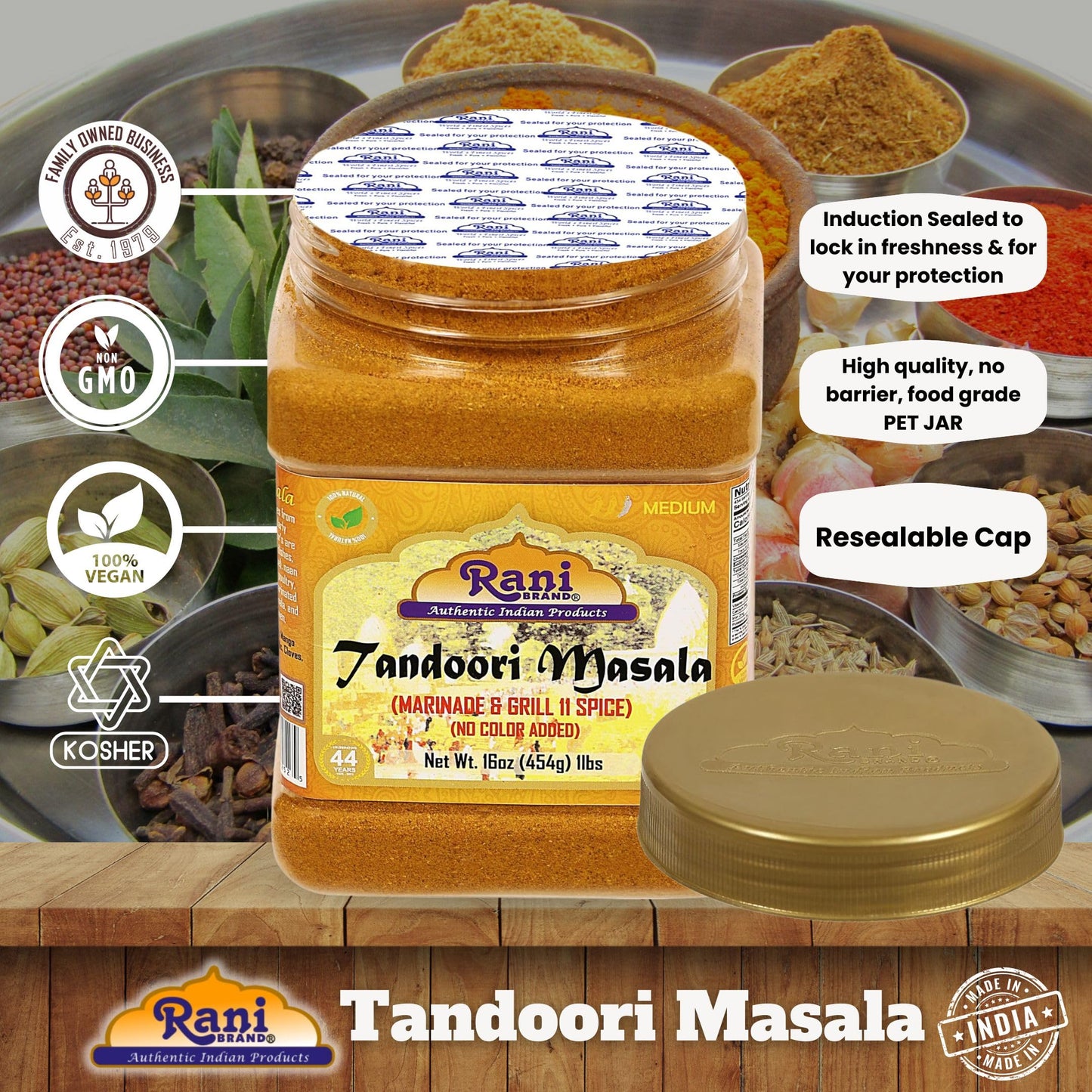 Rani Tandoori Masala (Natural, No Colors Added) Indian 11-Spice Blend 3oz (85g) PET Jar ~ Salt Free | Vegan | Gluten Friendly | NON-GMO | Kosher | Indian Origin