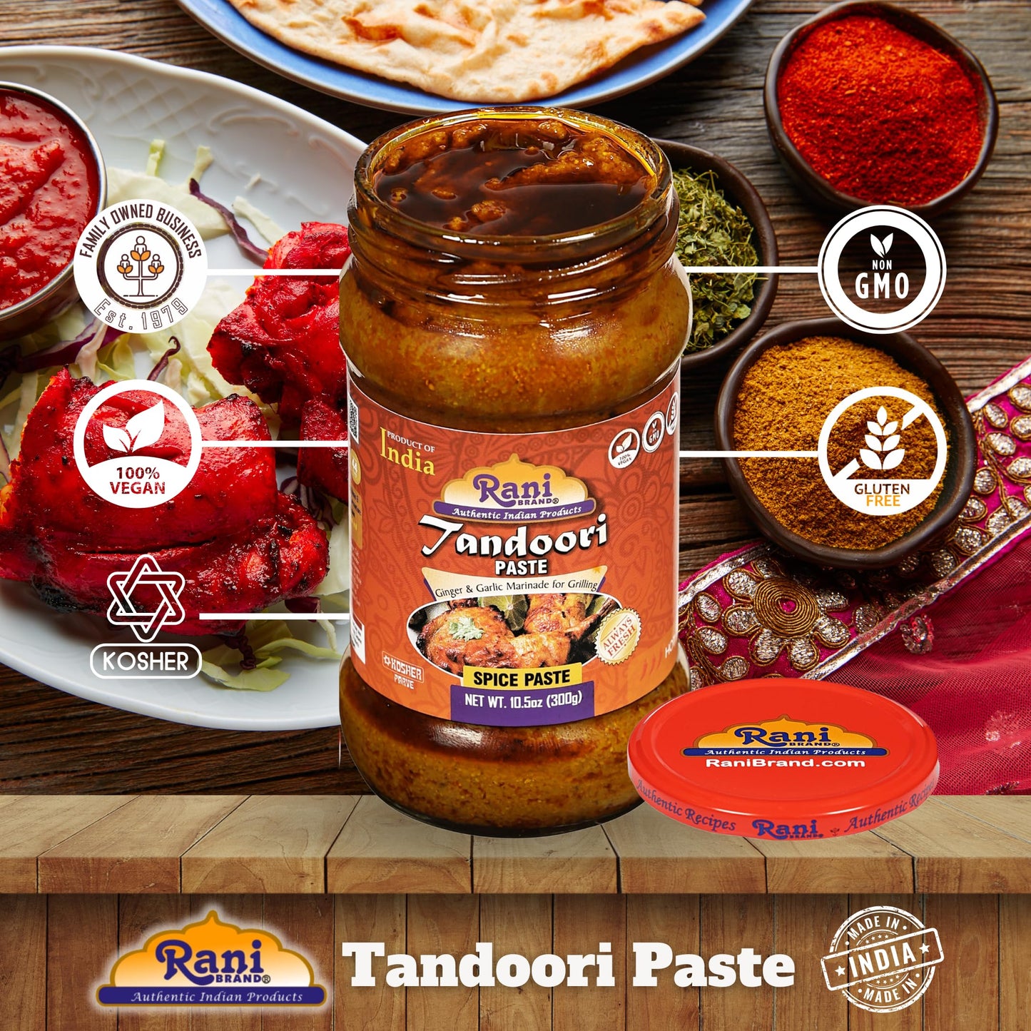 Rani Tandoori Masala (Natural, No Colors Added) Indian 11-Spice Blend 3oz (85g) PET Jar ~ Salt Free | Vegan | Gluten Friendly | NON-GMO | Kosher | Indian Origin